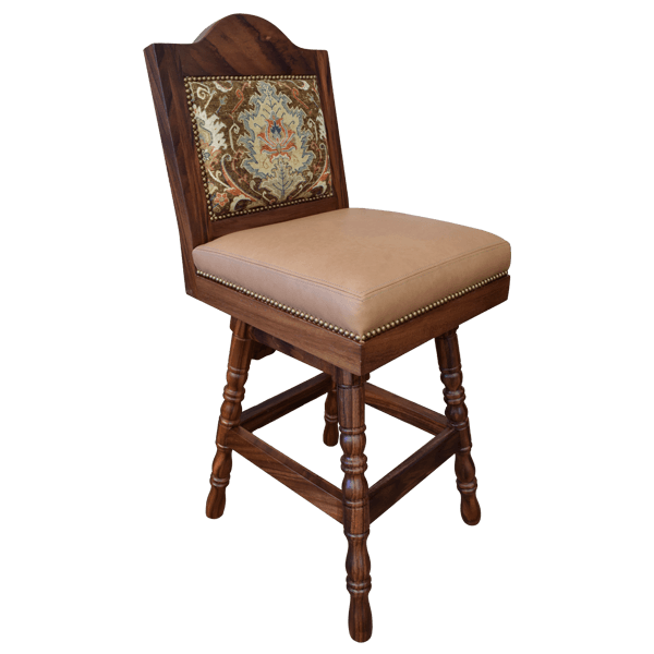 Three-quarter front view of barstool with leather seat and bamask backrest