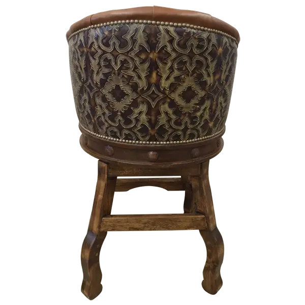 Rear view of barstool with embossed leather panel and polished hardwood frame