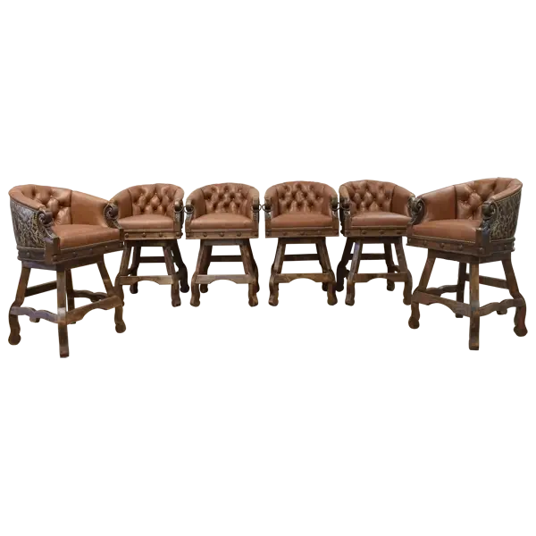 Set of 6 handcrafted barstools in semicircular formation with caramel leather and wood frame