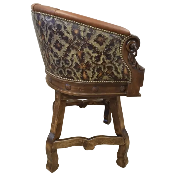 Side view of barstool with caramel leather and embossed backrest