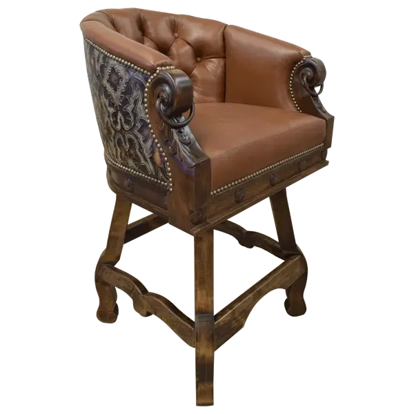 Three-quarter front view of leather barstool with nailhead trim and carved wood