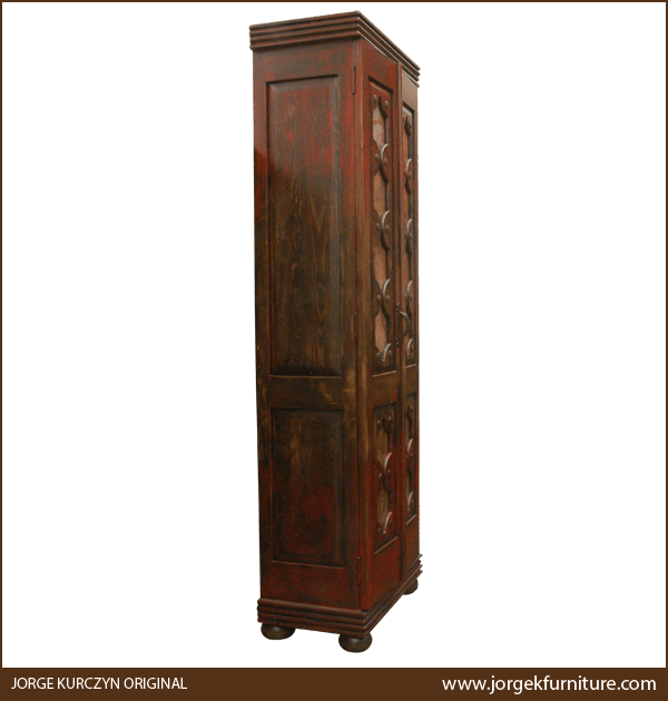 Handcrafted Spanish colonial armoire with antique finish, lateral view